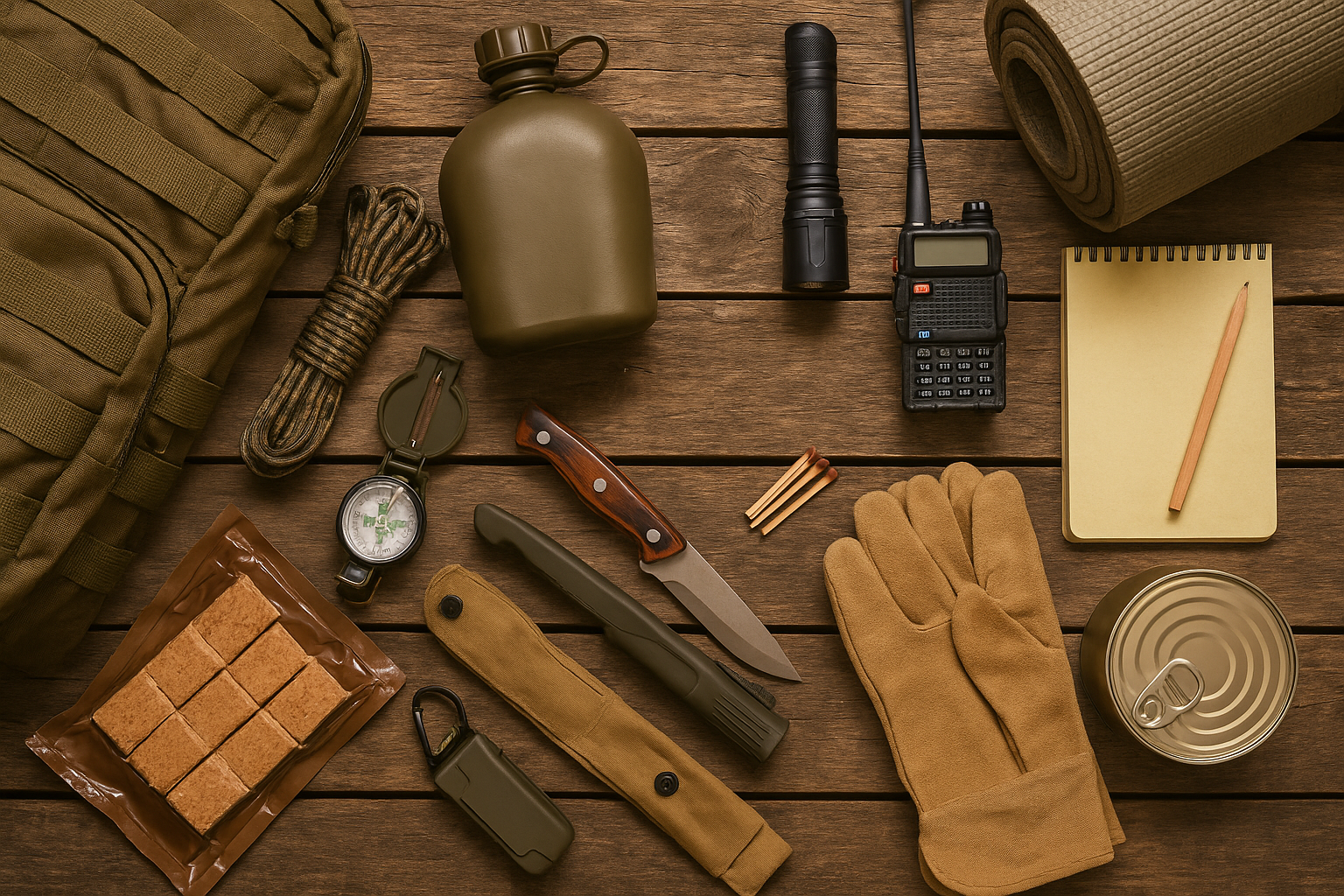 Flat lay of essential survival and prepper gear including a tactical backpack, paracord, canteen, flashlight, two-way radio, compass, survival knife, gloves, notepad with pencil, energy food bars, matches, can of food, and sleeping mat on a wooden background.