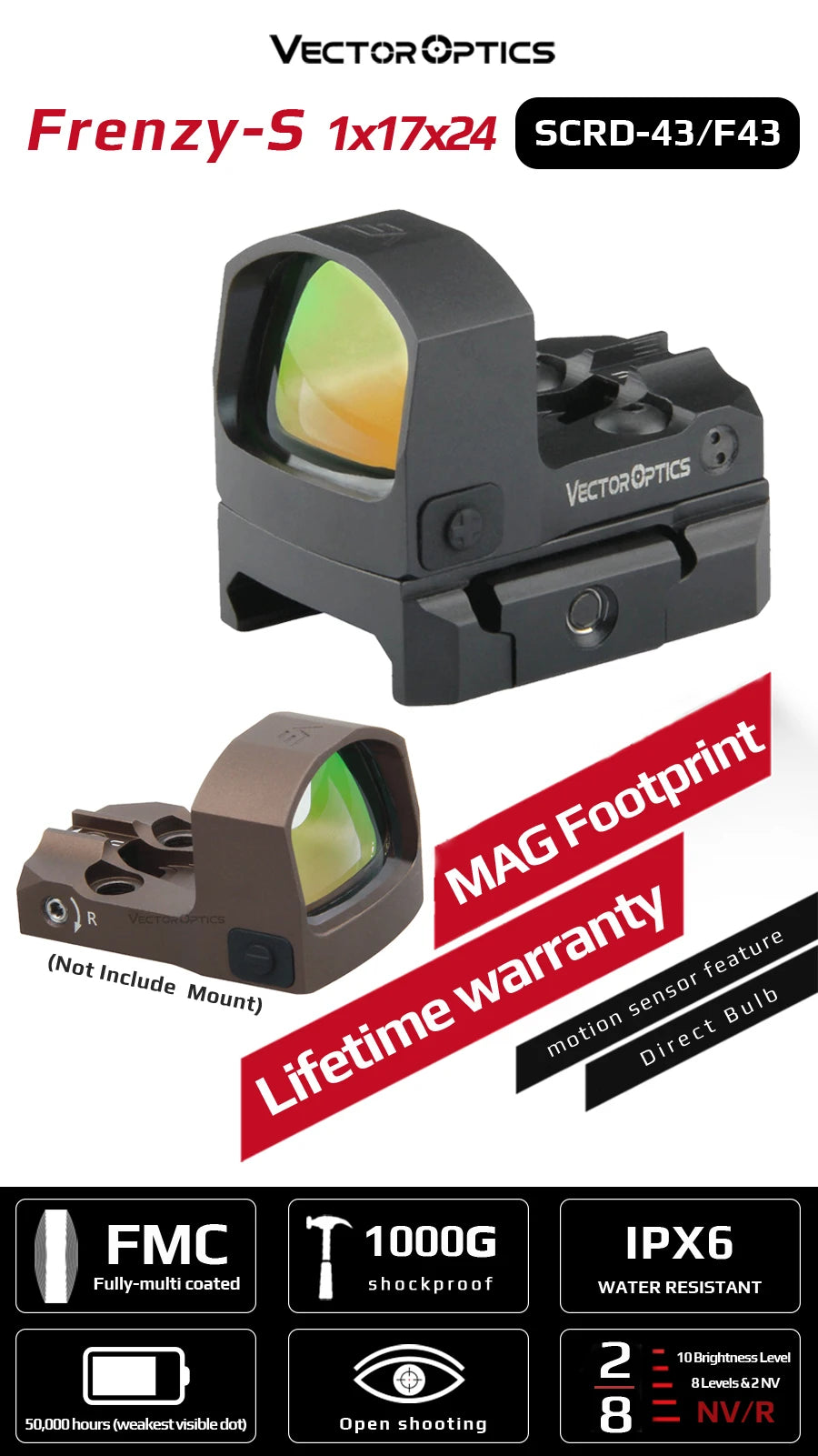 Vector Frenzy-S Red Dot — 3MOA Full Metal Pistol/Rifle Sight