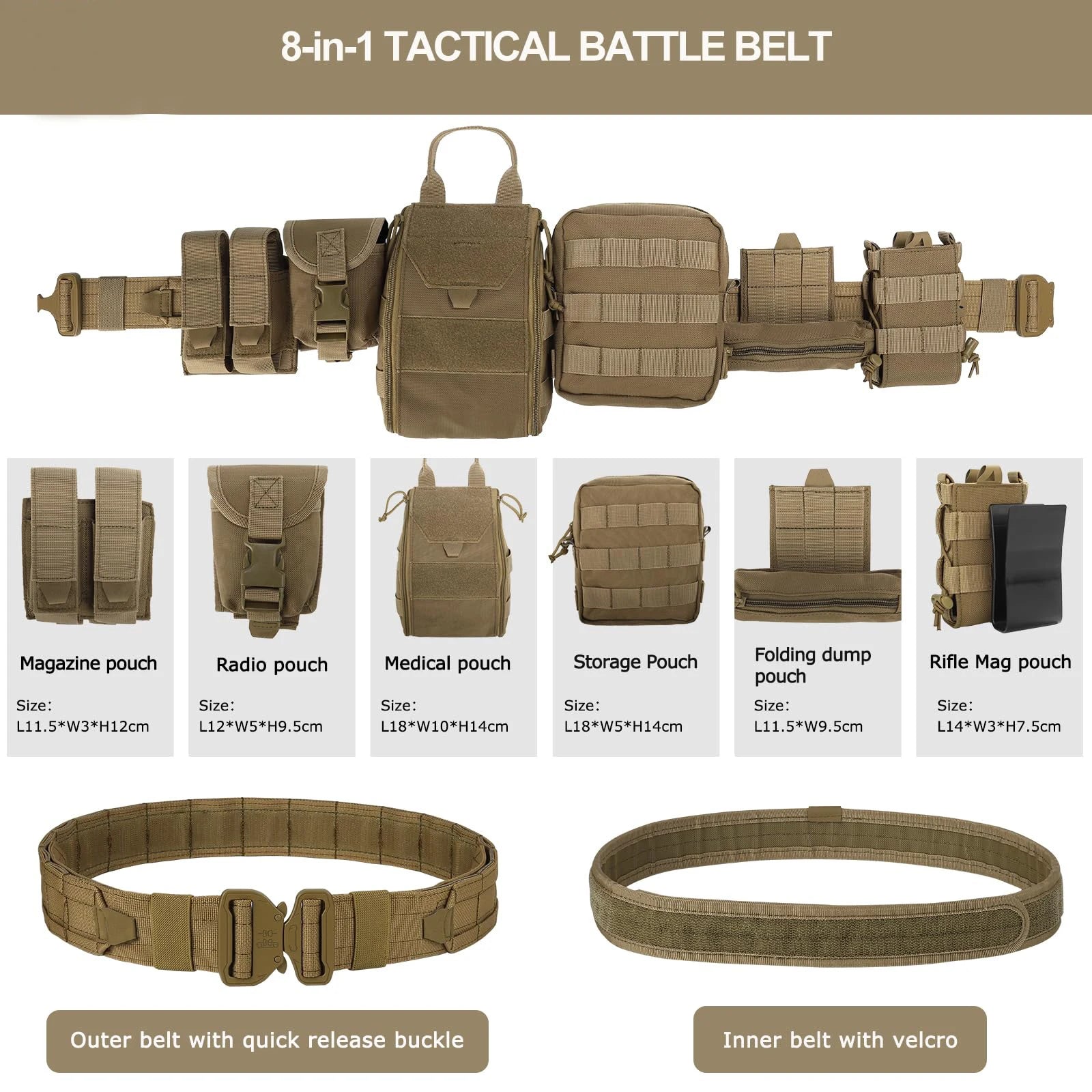Tactical Battle Belt — 8-in-1 Set with Accessories (Quick Release)