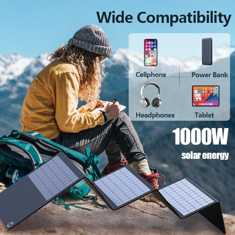 1000W Portable Folding Solar Panel — USB/DC Charger for Outdoor/Home Power