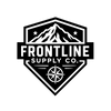 Frontline Supply Co. logo featuring a black and white shield design with mountain peaks, stars, and a compass emblem, representing a rugged prepper and survivalist supply brand.
